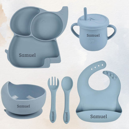 Peckish Elephant - Personalised Silicone Baby Feeding Set (6 Pieces)