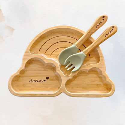 Personalised Bamboo Baby/Toddler Feeding Set (3 Pieces) - Cloud