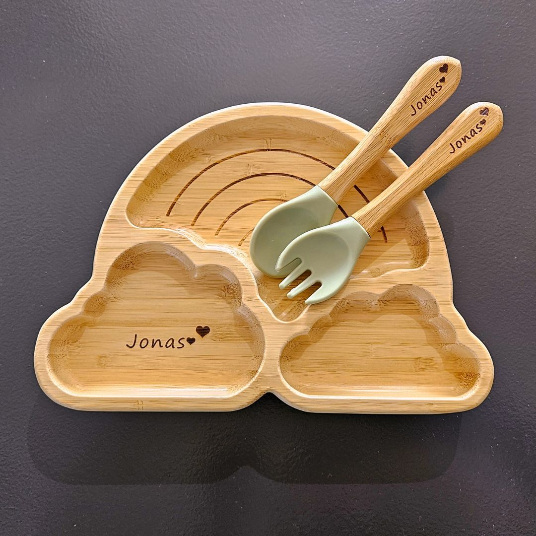 Personalised Bamboo Baby/Toddler Feeding Set (3 Pieces) - Cloud